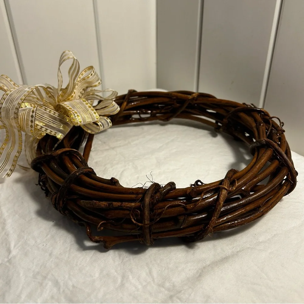 Grapevine Wreath Decorative Brown branch with Gold & White Ribbon